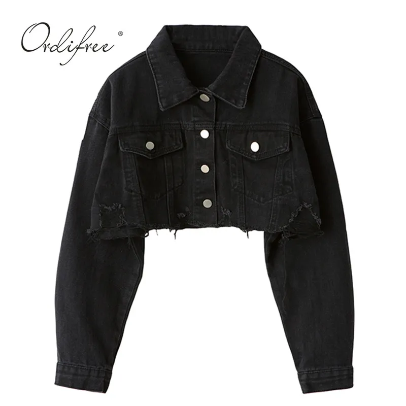 Ordifree Autumn Women Denim Jacket Fashion Streetwear Casual Loose Outwear Black Short Ripped Jeans Coat