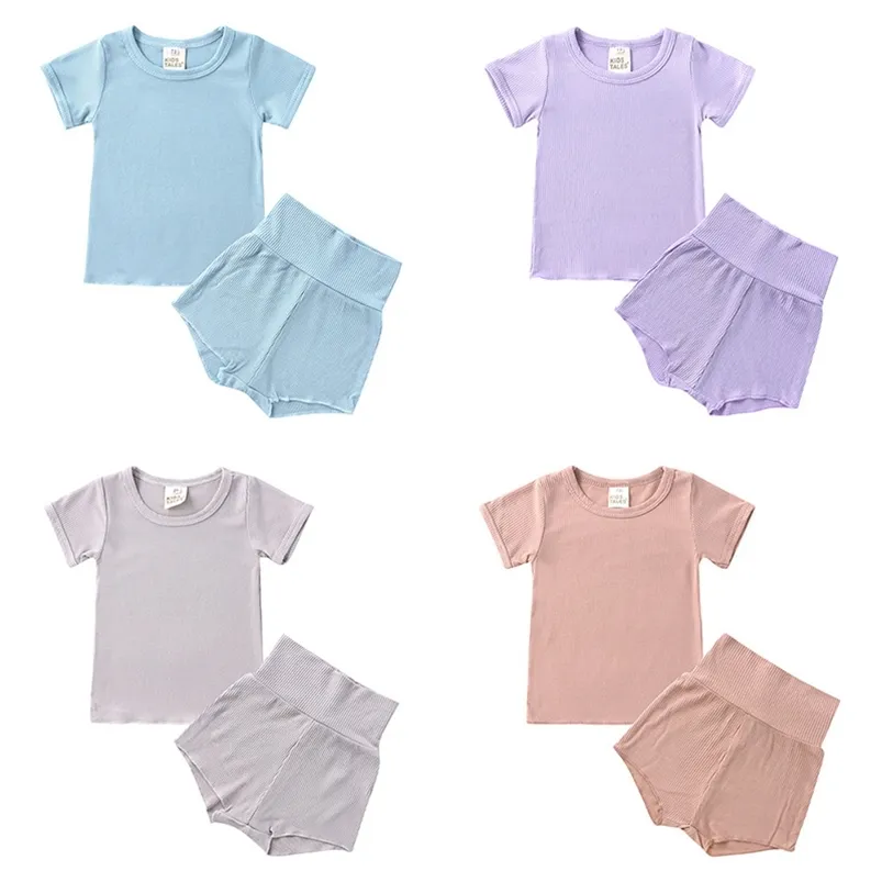 Solid Color Kids Pajamas Suit Summer Skin-friendly Children Sleepwear Set Cotton Short Sleeve Pajamas+Short Sleep Pants 210915