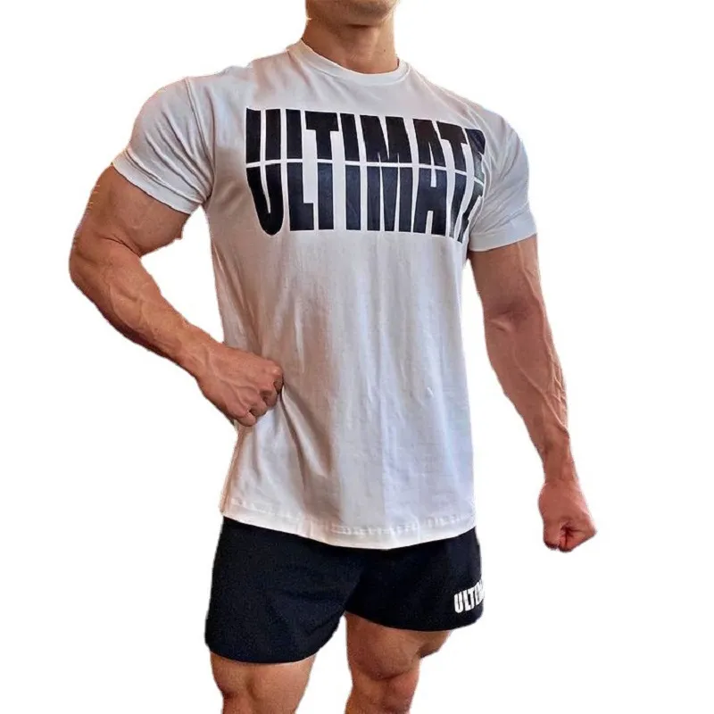Mens sommargymnastik Fitness T-shirt Bodybuilding Shirts Tryck Andningsbar T-shirt Mens Sportkläder O-Neck Kortärmad Tee Toppar