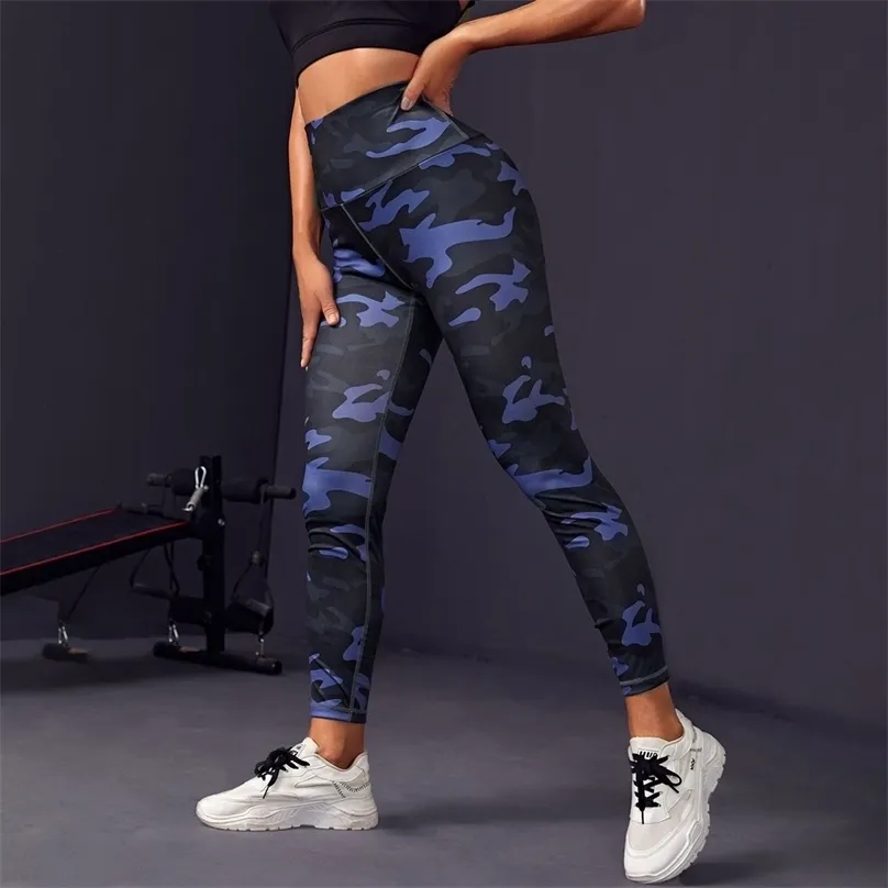 Hög midja blå kamouflage leggings push up black leggins sport kvinnor fitness löpande gym byxor energi 210925