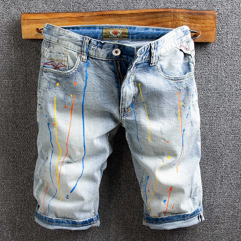 Estilo de rua americano moda homens jeans retro luz azul pintado designer rasgado denim shorts verão hip hop curto para 1l9e