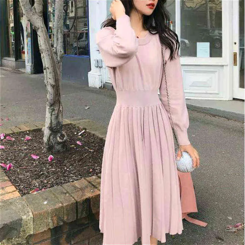 Vintage francês camisola vestido mulheres elegante elegante lanterna manga drapeado vestido de malha feminino um vestido de um vestido coreano outono 2021 g1214