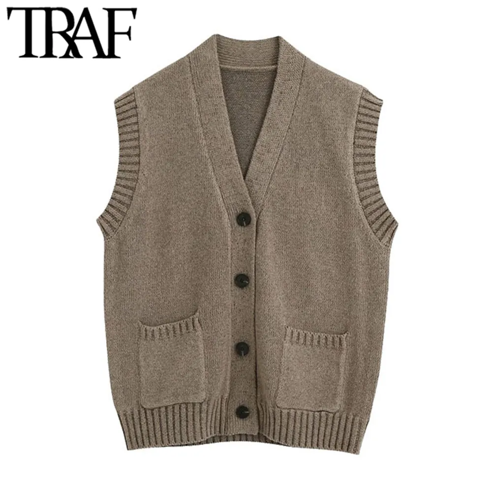 Trafik Kvinnor Mode med fickor Ribbed Trims Stickad Waistcoat Vintage V Neck Button-Up Kvinna Vest Sweater Chic Toppar 210415