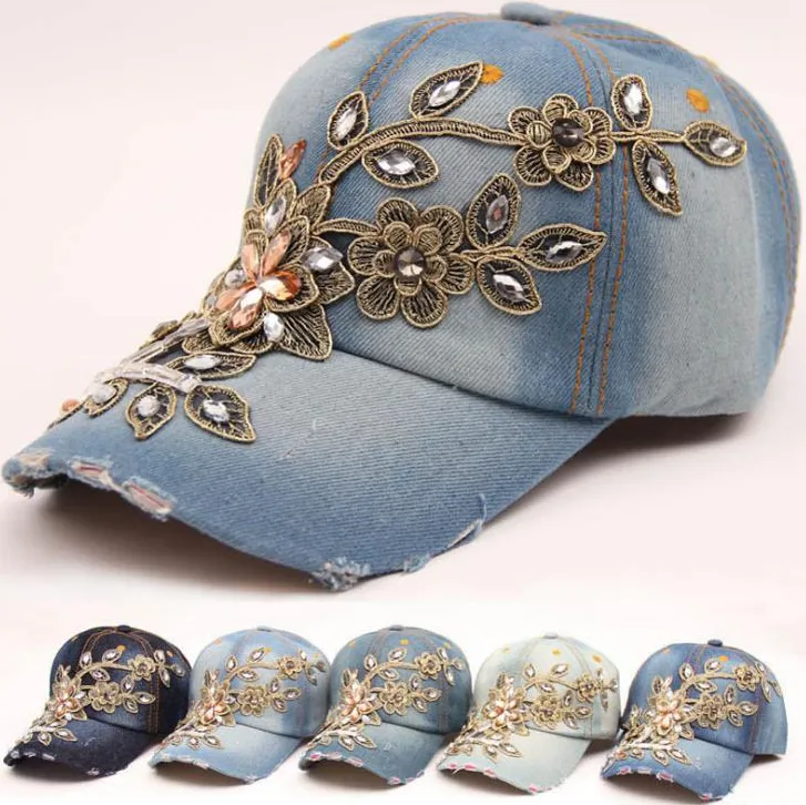 Women Baseball Cap Diamond Painting Embroidery Flower Denim Snapback Hats Female Cap Summer Cowboy Sun Hat 5 Colors BT6547