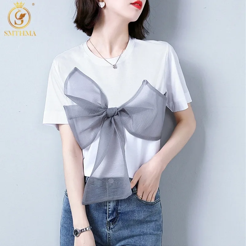 Sweet Patchwork Mesh Bowknot Tops voor Dames O Hals Korte Mouw Koreaanse Zomer Wit T-shirts Vrouwelijke Mode Kleding 210520