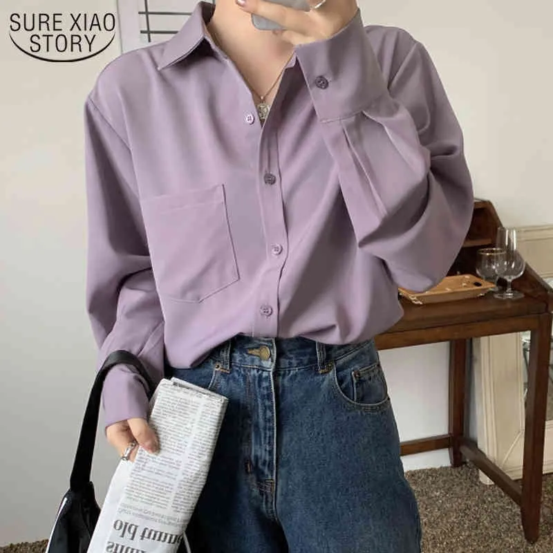 Vintage Long Sleeve Solid Women's Blouse Autumn Fashion Silk Shirts Office Lady Elegant Cardigan Plus Size Feminine Blusas 11427 210508