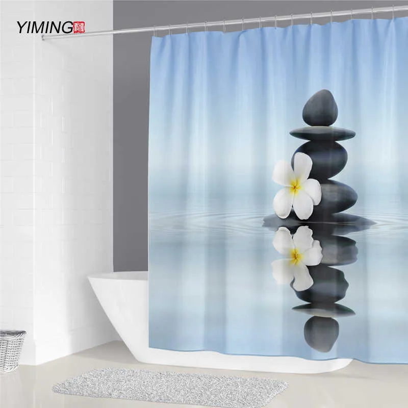 YIMING ZEN Duş Perdesi 3D Taş Koşu Su Buda Su Geçirmez Kalıp Korumalı Yıkanabilir 210609