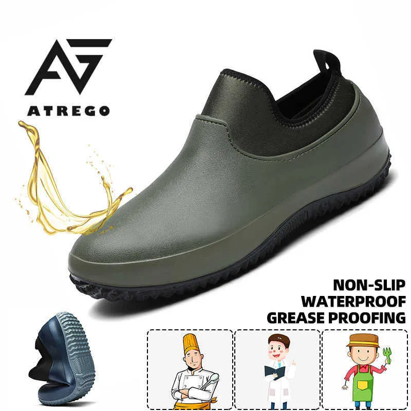 Atrego mannen slip op resistente olie-proof keukenschoenen chef-kok multifunctionele restaurant tuin waterdichte veiligheid werkschoenen 210615