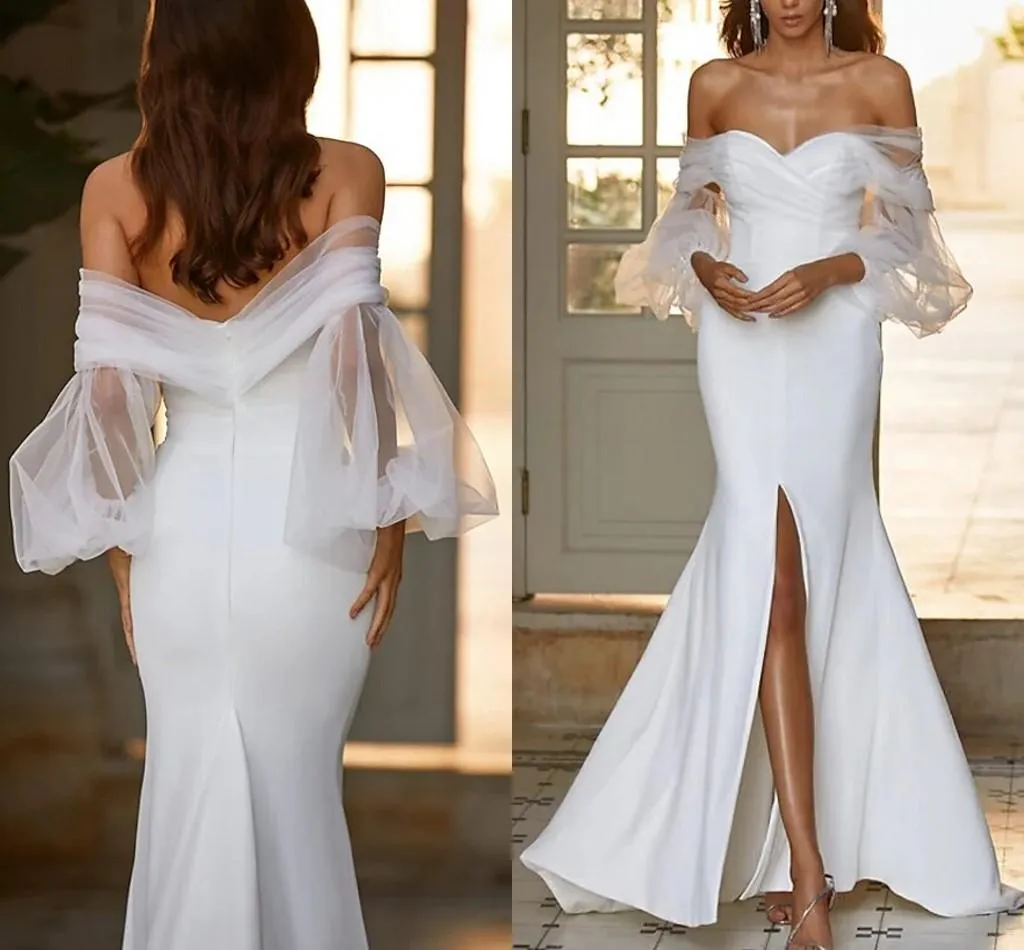 Sexy Split Sirène Robes De Mariée Hors Épaule Puffy Manches Longues Satin Tulle Bohème Pays Robe De Mariée Robes De Novia