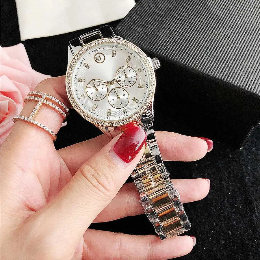 Марка часы женщины леди девушка алмаз кристалл 3 циферблат стиль металлические стальные полосы кварцевые наручные часы M134