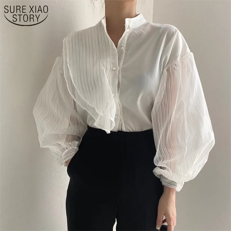 Korean See Through Blouse Women Fashion Sexy Loose White Women's Shirt Puff Långärmad Mesh Elegant Kläder 11256 210508