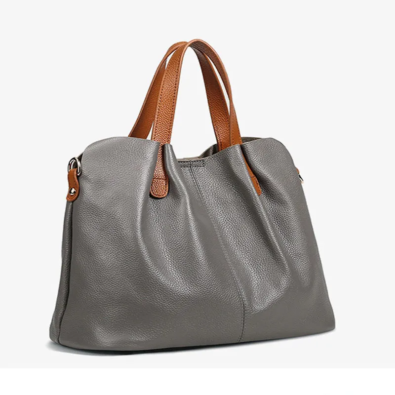 Läder kvinna väskor mode kontrast färg första lager cowhide mamma väska stor väska axel messenger handväska