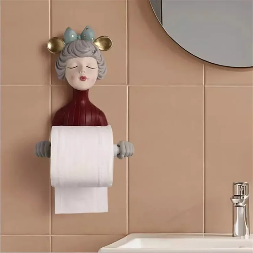 Modern Bow-knot Cute Girls Resin Statue Paper Towel Holder Toilet Bathroom Decoration Wash Storage Rack Crafts 210720