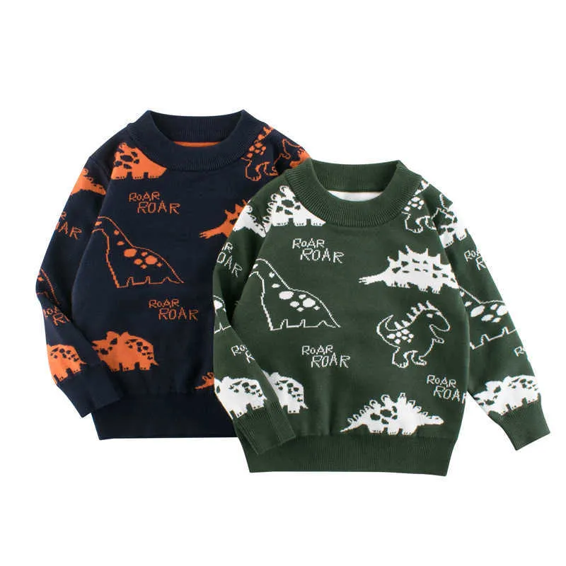 Toddler baby tröja för pojke långärmad trycktecknad film dinosaur toppar barnkläder pullover stickad tröja casual kläder y1024