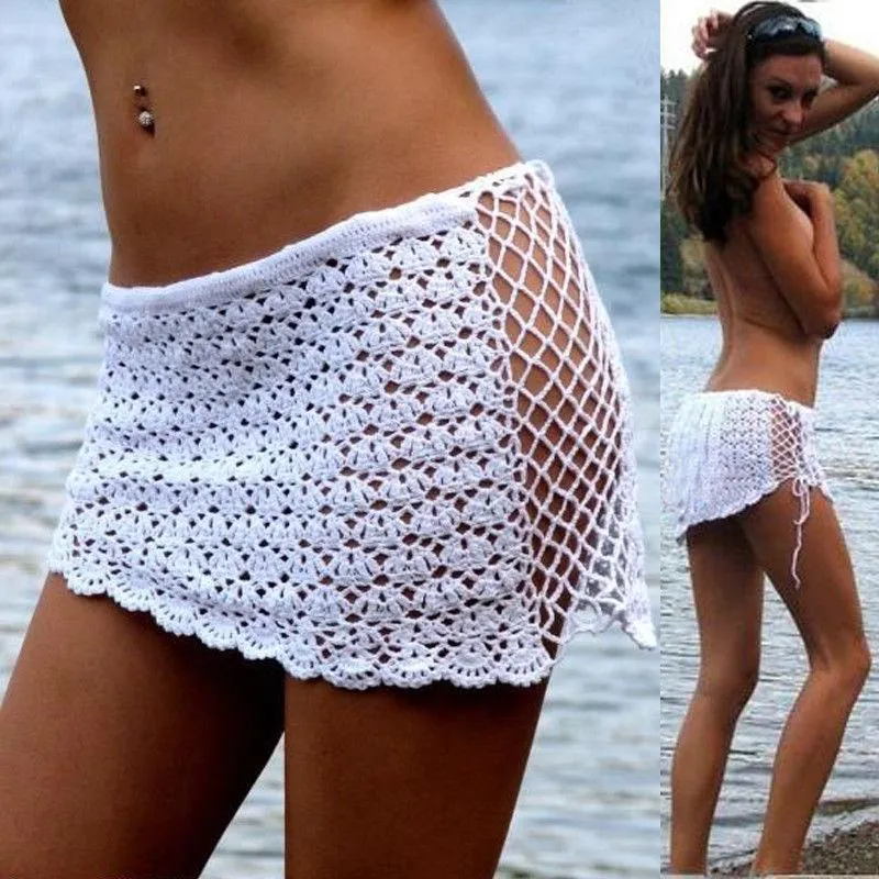 Skirts Women Wrap Mini Skirt Crochet Bikini Cover Up Sexy Swimwear Bathing Suit Summer Beach Hollow Out Net White 2021 Clothes