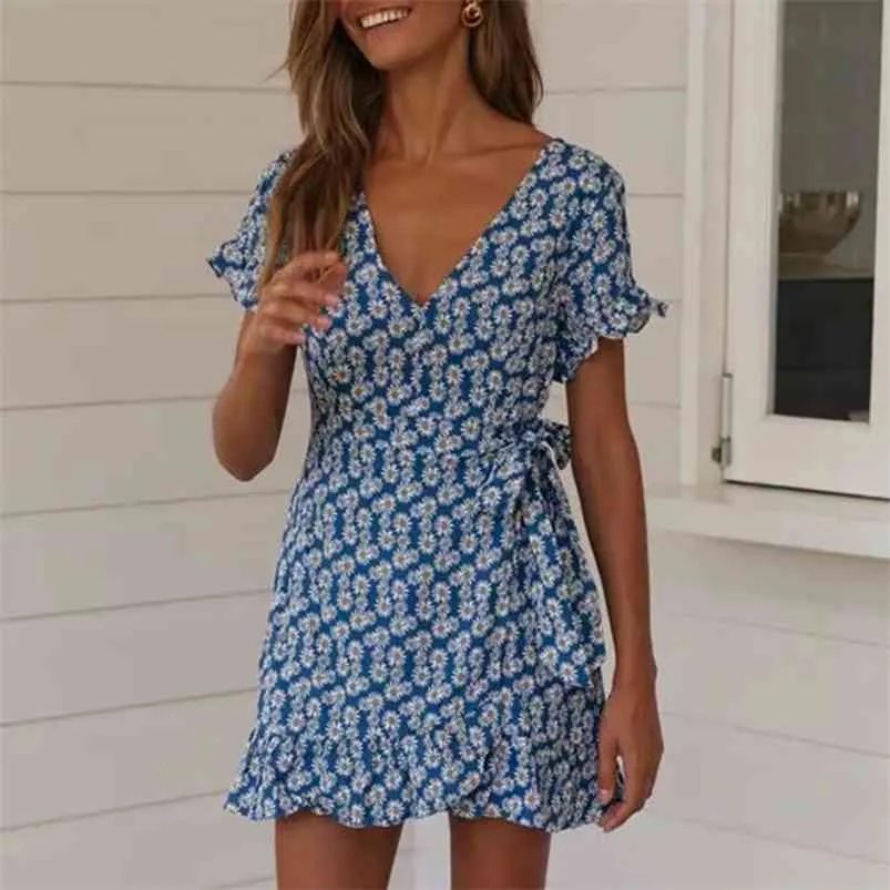 Zonnebloem print boho jurk vrouwen sjerp ruche korte strand zomer casual blauw vintage mini floral 210427