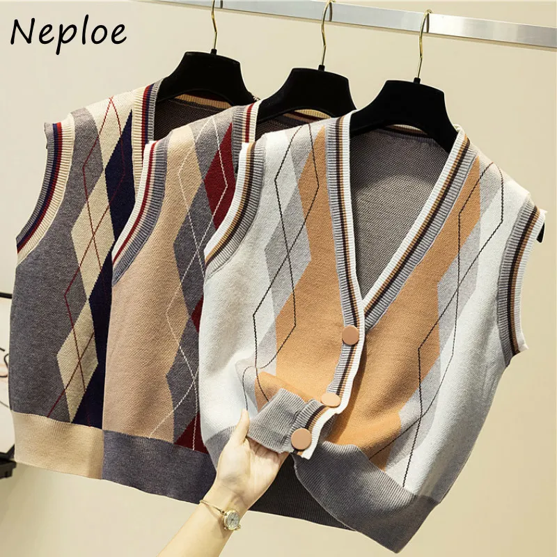 Neploe V Cou Simple Boutonnage Cardigans Débardeurs Automne Chic Argyle Hit Couleur Patchwork Tricot Gilet Lâche Pull Sans Manches 210510