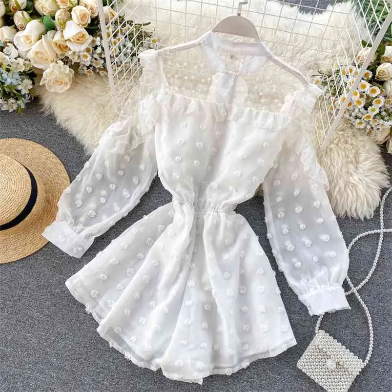 Summer Women's Jumpsuit French Puff Sleeve Net Yarn Polka Dot Fungus Slim and Thin Western Style Pants LL026 210507