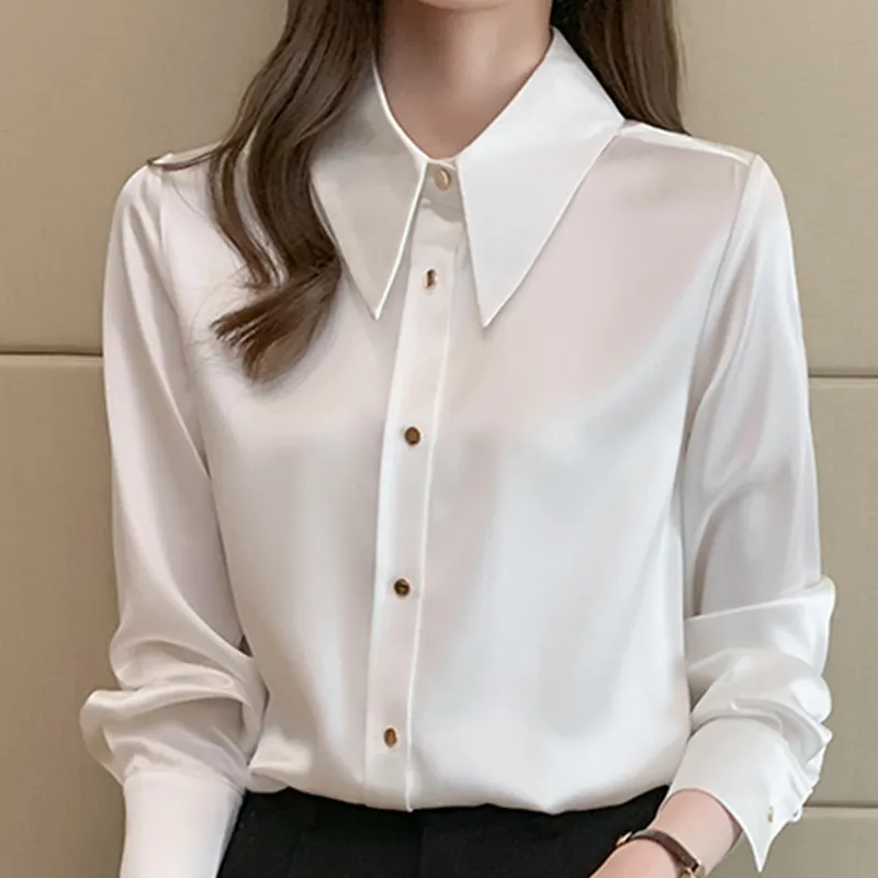 Cetim giro para baixo colarinho mulheres chiffon camisa única breasted manga longa camisas mulher senhora senhora casual top elegante primavera 210518