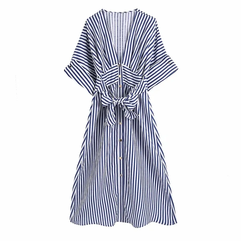 Casual Femmes V Cou Bow Dentelle Robe Été Mode Dames High Street A-ligne Femme Stripe Draw Back 210515