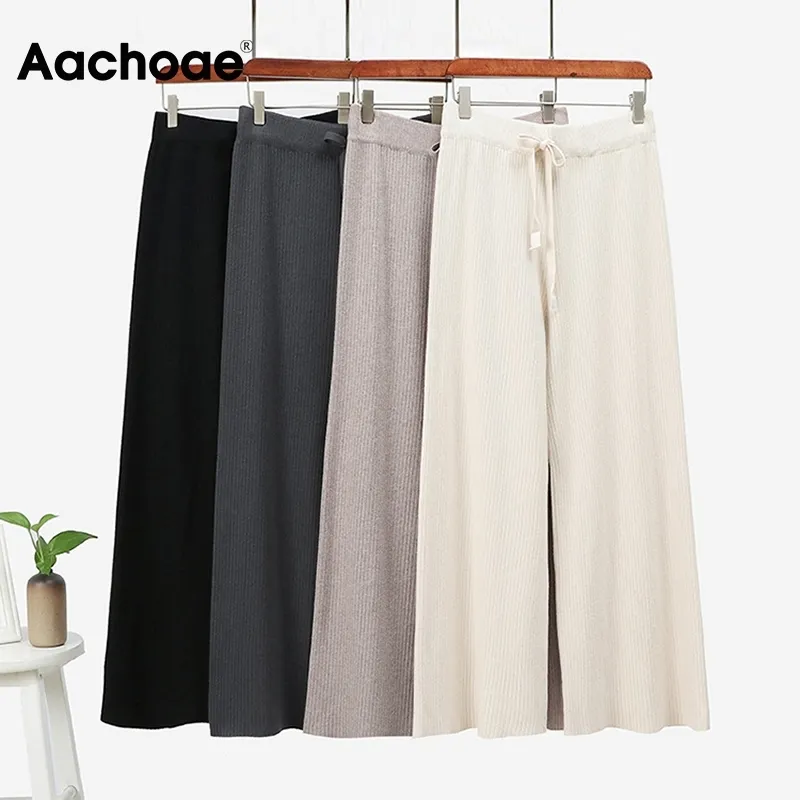Aachoae عارضة واسعة الساق محبوك السراويل النساء الصلبة عالية الخصر الرباط سراويل أنيقة مخطط السراويل الطويلة فام pantalon 210413