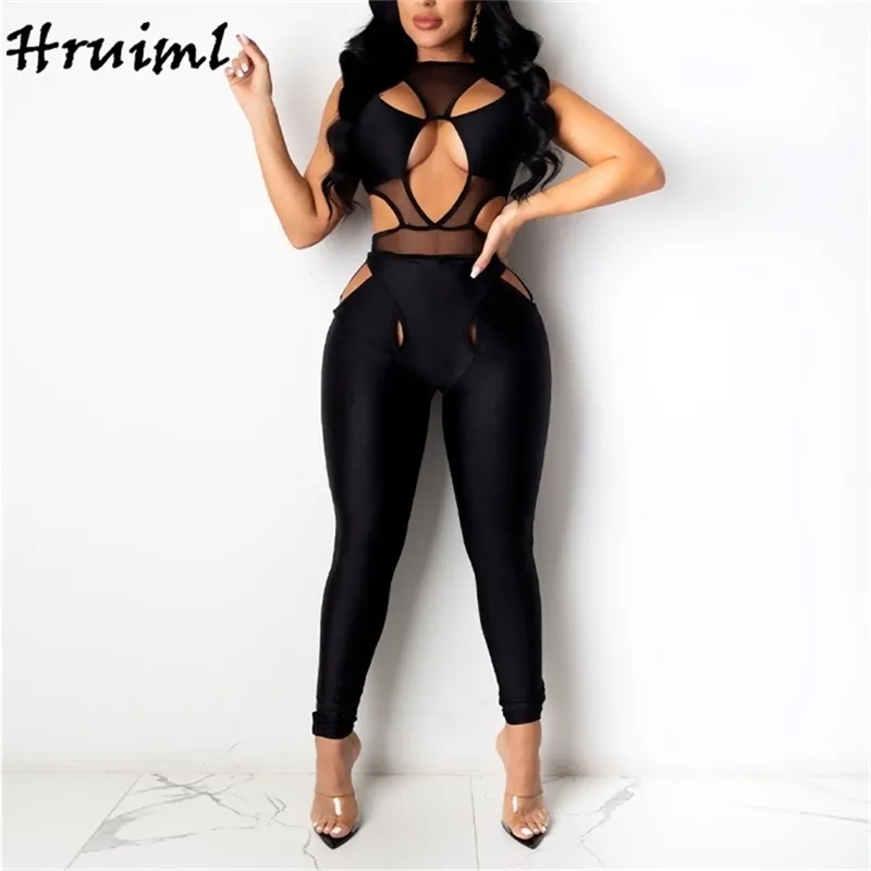 Vêtements d'automne pour femmes mode Sexy body femme combinaison sans manches évider barboteuse noir combishort fête Clubwear 210513