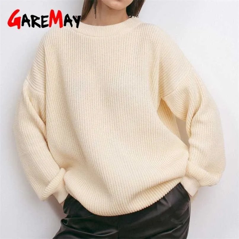 Pull tricoté pour femmes Automne Hiver Pull élégant Pull surdimensionné Pull O Cou Casual Beige Tricot Vintage Marron Long 211011