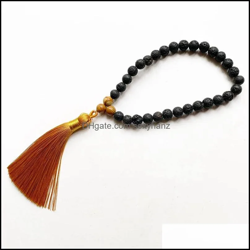 Link, Chain 8mm Natural Onyx Black Stone Rudraksha Tassel Pendant 33 Prayer Beads Islamic Muslim Tasbih Mohammed Rosary Men Women 1pc