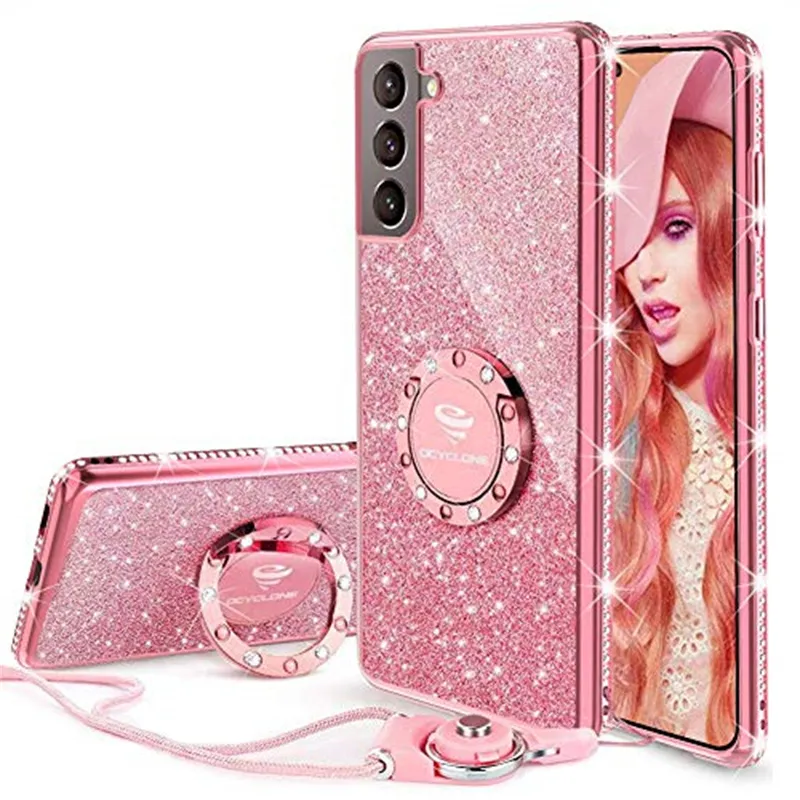 Estuches para teléfono lindos con purpurina para mujeres y niñas con soporte de anillo Bling Diamond Rhinestone Parachoques Estuche protector suave para Galaxy Samsung S22 S21 S20 iPhone 14 13 12 11 Pro Max