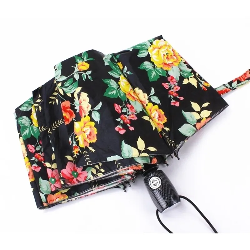 Ladies Fashion parasol Fully Automatic Compact Anti-UV printed flower Rain Sunshine Windproof Umbrellas Big Strong Women 210721