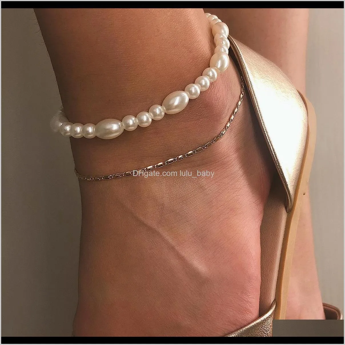 jewelry temperament simple beach metal ornament female asymmetric pearl multi-layer foot chain