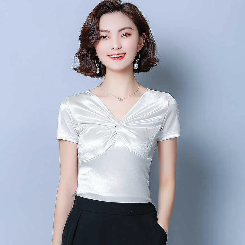 Korean Silk Blouses Women V-neck Satin Blouse Shirt Plus Size Solid Tops Blusas Mujer De Moda Camisas 210531