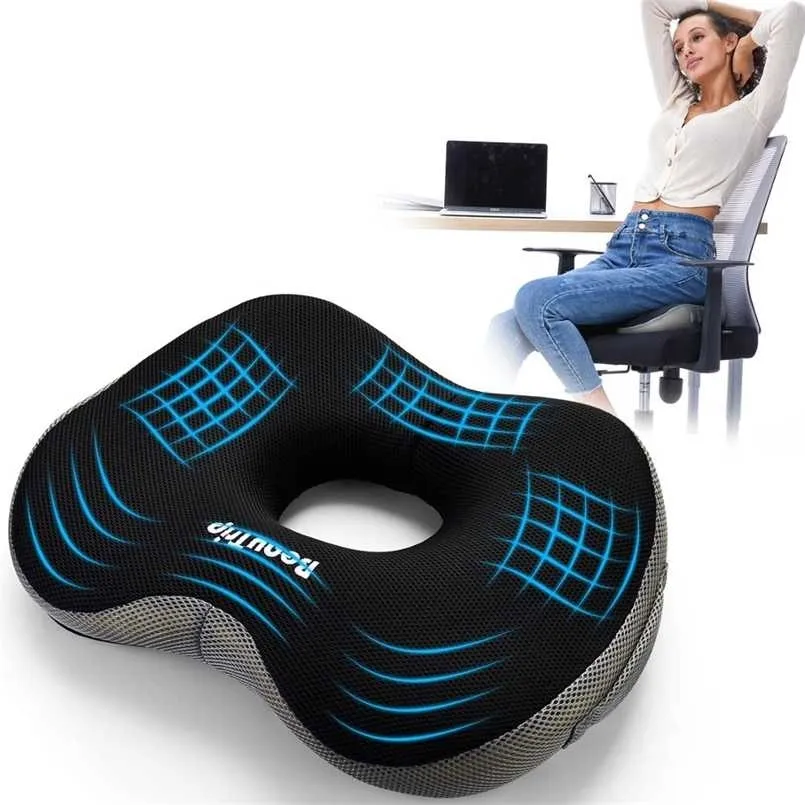 Cojín de asiento de espuma de memoria Almohadillas de silla de oficina para sentarse Almohada ortopédica de donut para alivio del dolor de coxis Ciática Almohadas de cadera 211215