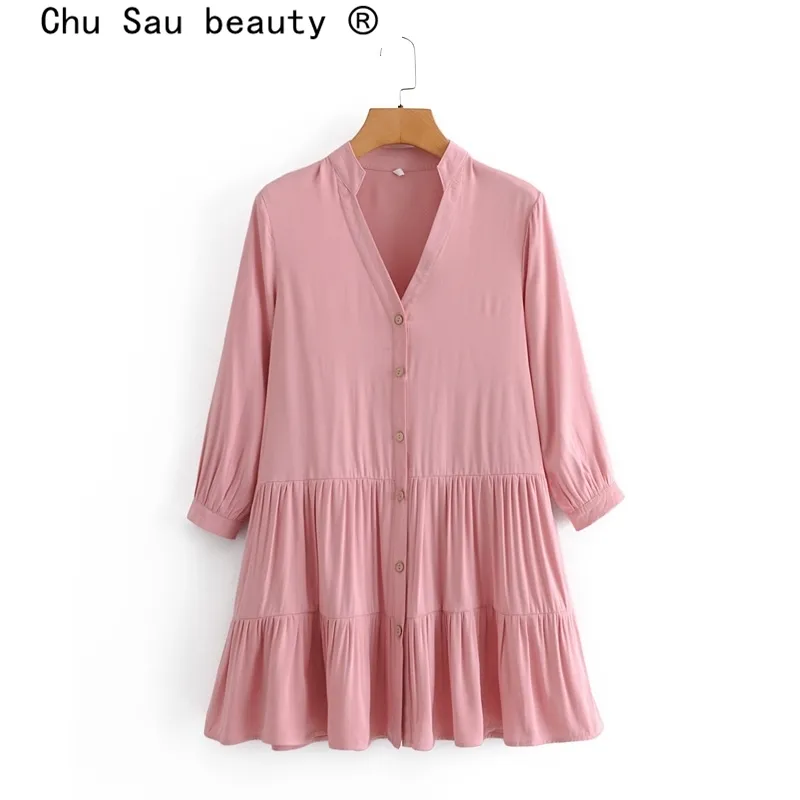 Sommar Casual Chic Rosa Loose Midi Dress Women Fashion V-Neck Single-Breasted Dresses Female Vestido de MODA 210508