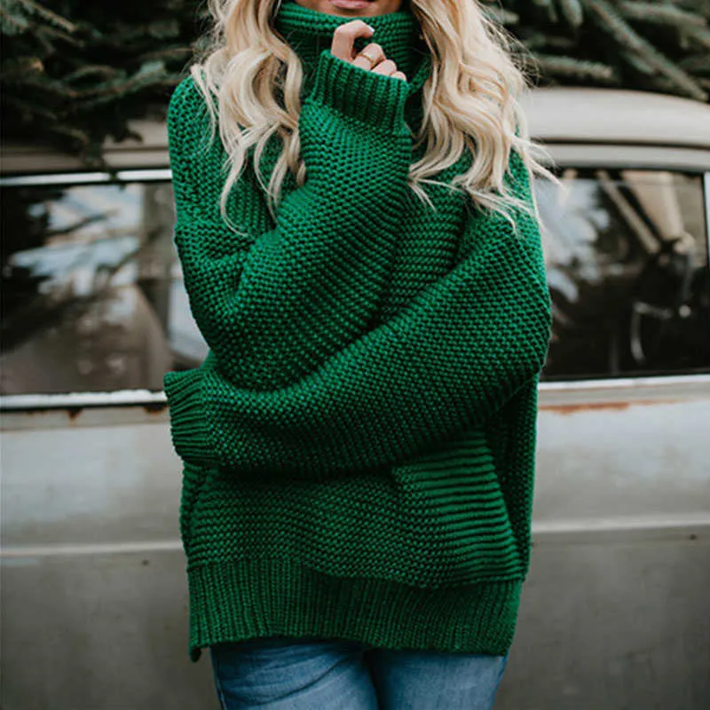 Kvinnor pullover sköldpadda hals höst vinter kläder varm stickad överdimensionerad turtleneck tröja för kvinnors gröna toppar kvinna 211109