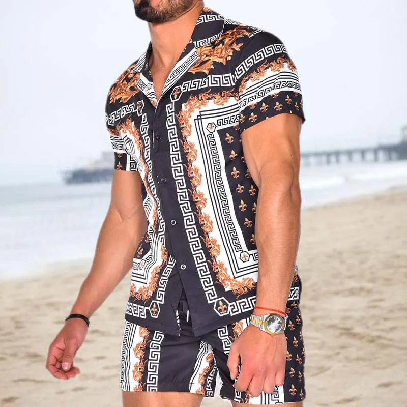 Summer Fashion Men's Shirts Sets Hawaiian Suits Printed Short Sleeved Button Shirt Shorts Casual Beach 2 Piece S-3XL