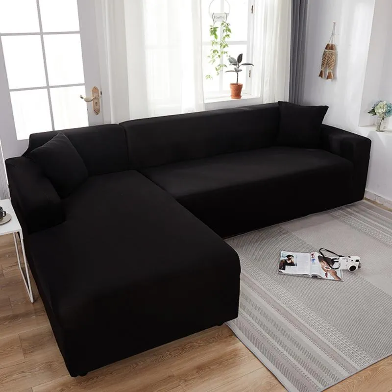 Cubiertas de silla Cubierta de sofá en sección esquinero elástica para sala de estar 2 3 4 Place Negro Color sólido L Forma Protección Chaise Longue