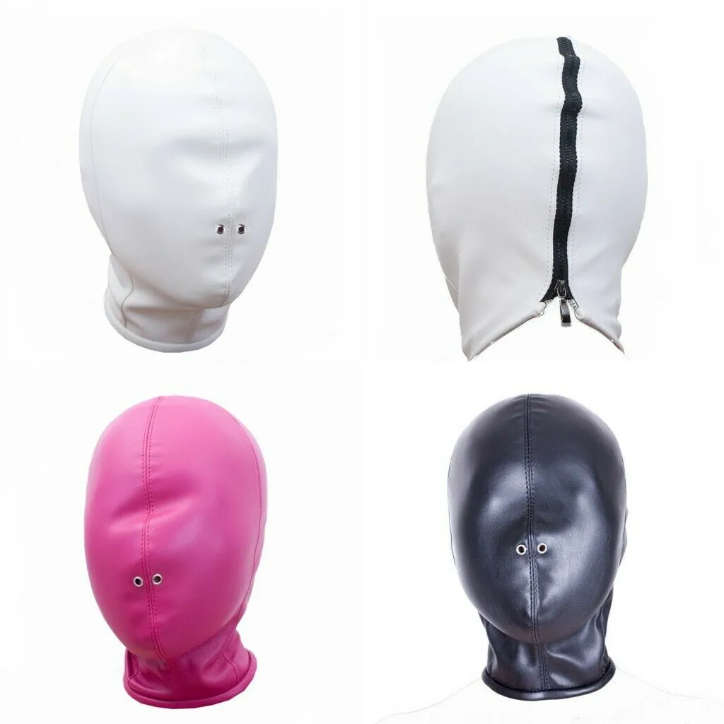 Bondage Soft Leather Head Hood Full Täckt Mask Andningsbar Hål Restrecs Rollspel # R78