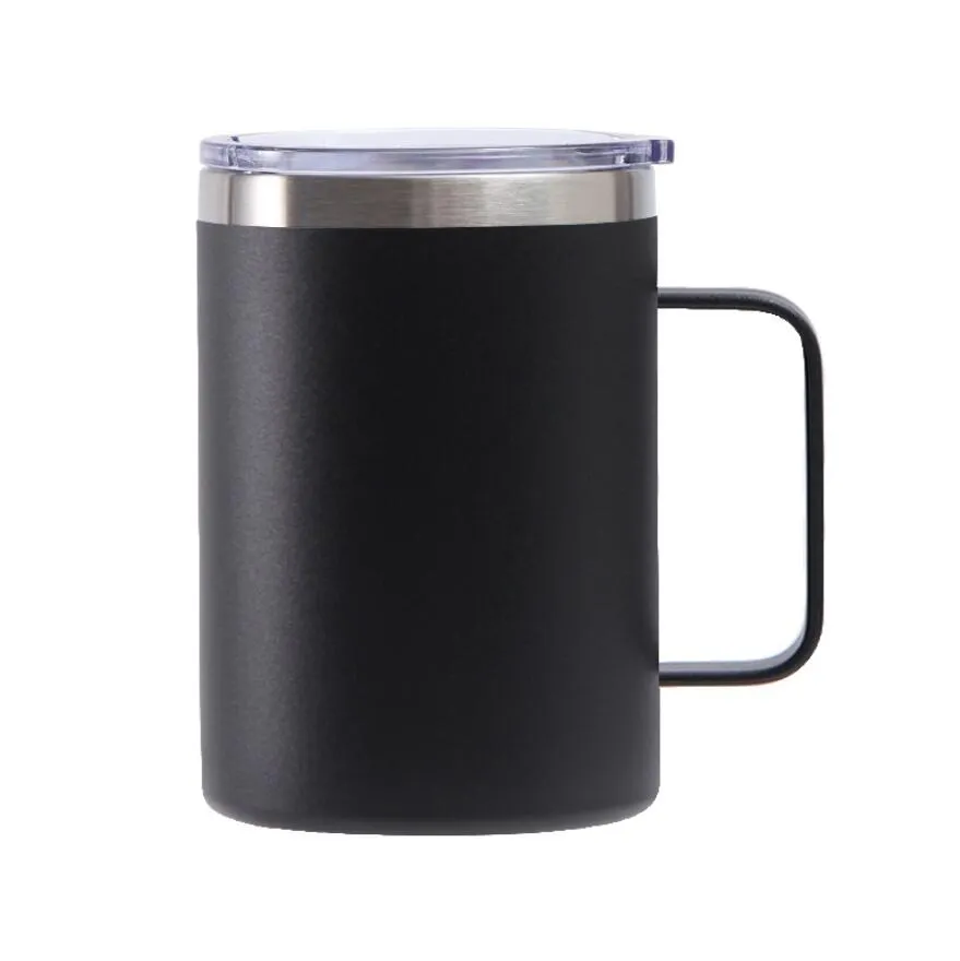 Reusable 16oz Coffee Mug With Handle Double Wall Stainless Steel Vacuum Insulated Wide Mouth Cups Beer Camping Travel Cup Tumbler Powder Coated Sliding Closed Lids