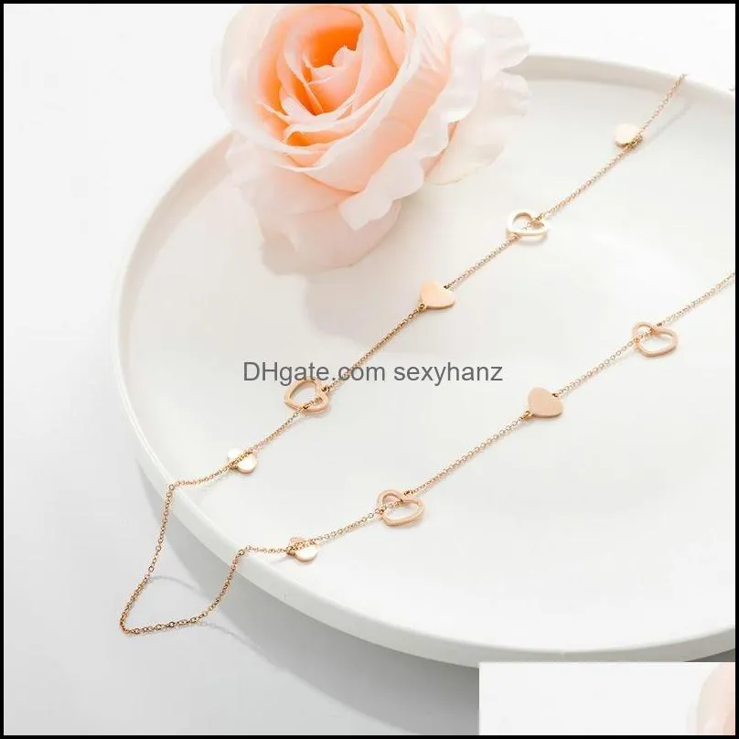 Silver Rose Gold Color Hollow Heart Long Chain Sweater Necklace Multiple Heart Stainless Steel Necklace