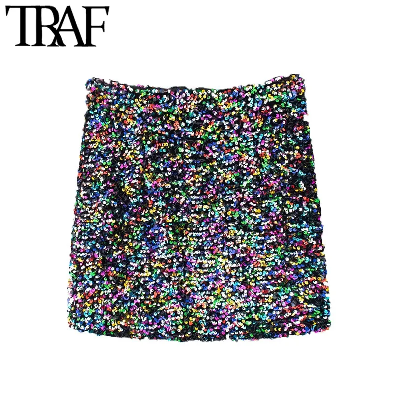 TRAF Dames Sexy Mode Shiny Color Sequin Mini Rok Vintage Hoge Taille Side Rits Dames Rokken Mujer 210415