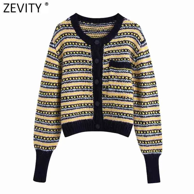 Women Vintage Color Matching Patchwork Striped Casual Short Knitting Sweater Femme Chic Pocket Cardigan Tops S688 210420