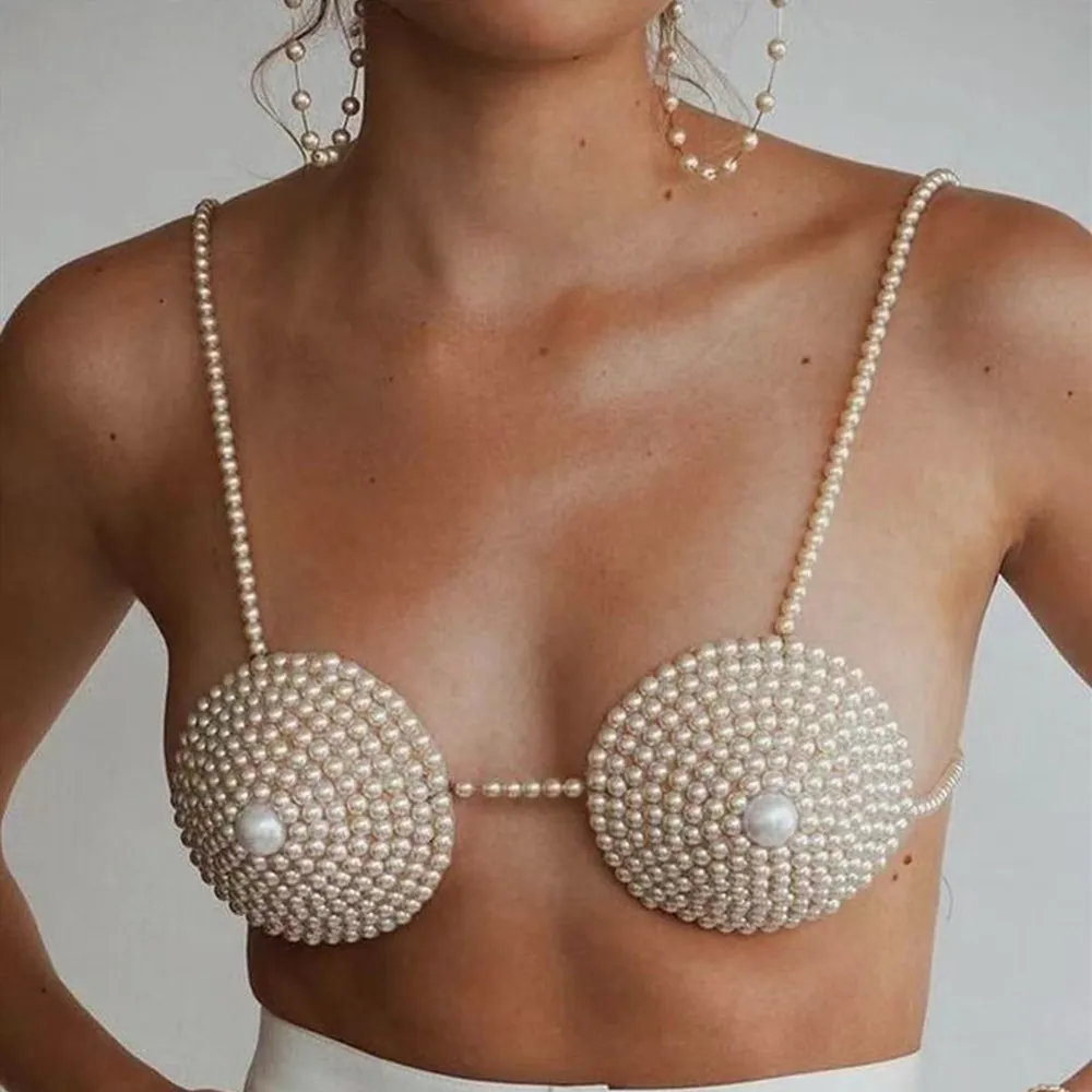 INS regolabile perle intrecciate sexy imbracatura catena toracica gioielli superiori per le donne collana di perle corpo reggiseno seno