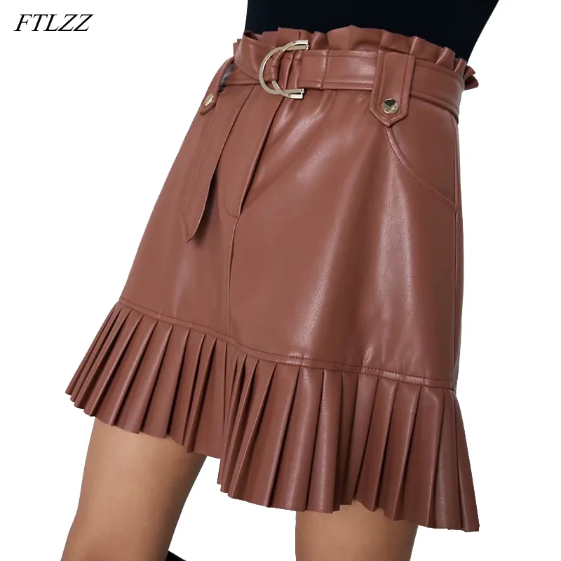 Eleganta kvinnor faux pu läder mini kjol vintage pläterad avslappnad vattentät med bälte 210423
