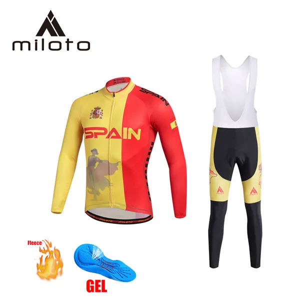 2024 Spanien Team Winter Cycling Jersey Set Bicycle Clothing Breattable Men Thermal Fleece Lång ärmskjorta BIK BIB PANTS B12