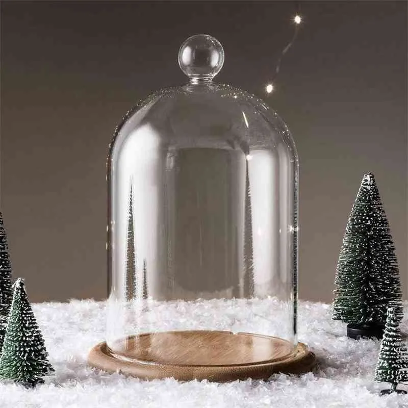 Clear Vases Стеклянный Цветочный дисплей Cloche Bell Jar Купол Бессмертное сохранение с деревянной базой Цветочная стеклянная крышка Home Decor 210409