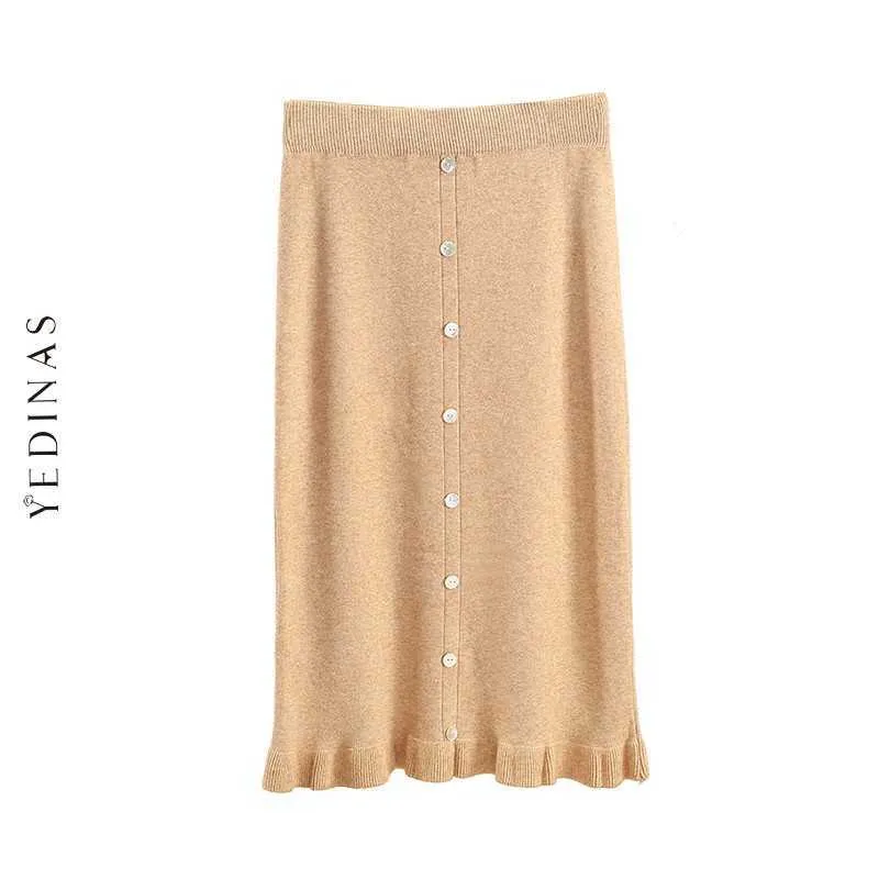 Yedinas Autumn Winter Solid Knit Midi Skirt For Women Elegant Office Ladies Ruffles High Waisted Pencil Slim Sweater 210527