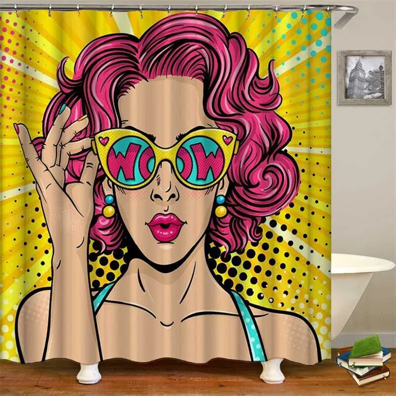 High Quality comic-pop-art Girl Bath Curtain Waterproof Shower Curtains Cartoons Woman Bath Screen Printed Bathroom Curtain 211116