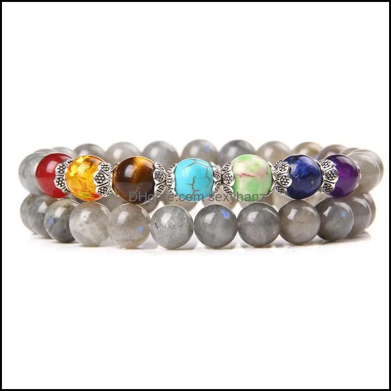 Beaded, Strands 2pcs/set 7 Chakra Bracelet For Women Men Energy Buddha Reiki Prayer Natural Labradorite Stone Beaded Charm