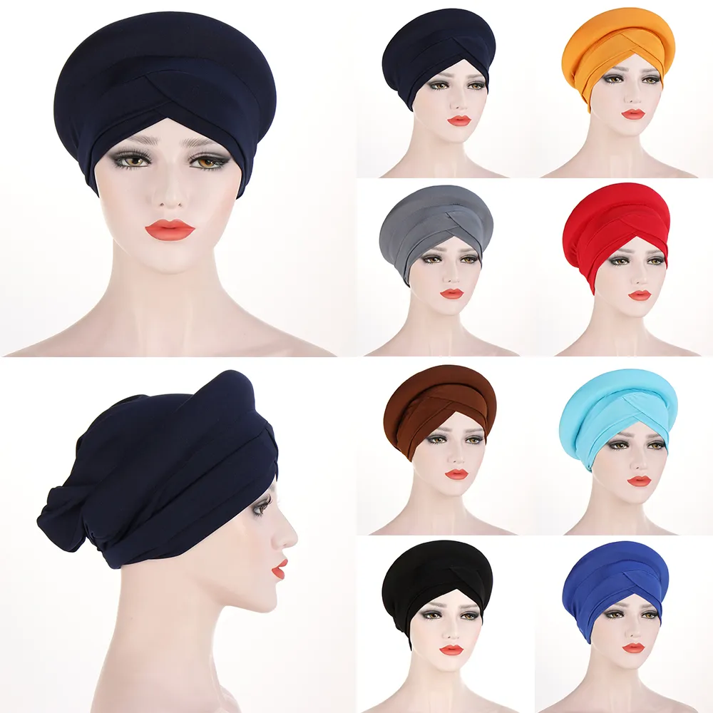 Bonnet Hijab croisé pour femme musulmane, couleur unie, foulard de tête, Turban, couverture contre la perte de cheveux, prêt à porter, 2021